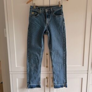 Second Yoga Blue Denim Jeans Frayed Bottom Hem Size 25